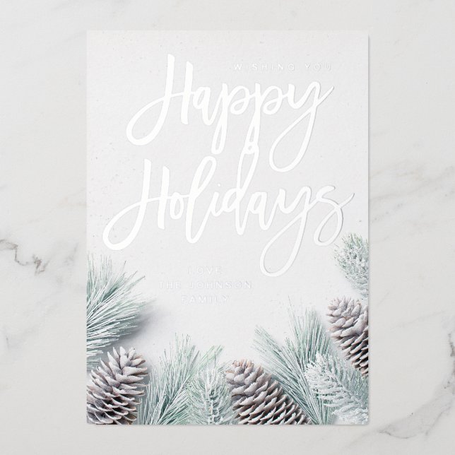 Snow Pine & Leaf Happy Holidays Folieneinladung (Vorderseite)