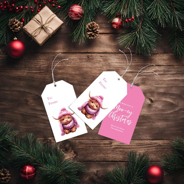 Snow Play Pink Highland Kuh Weihnachtsgeschenk Tag Geschenkanhänger (Von Creator hochgeladen)