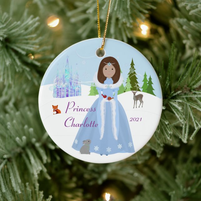Snow Princess Brown Hair Keramik Ornament (Baum)