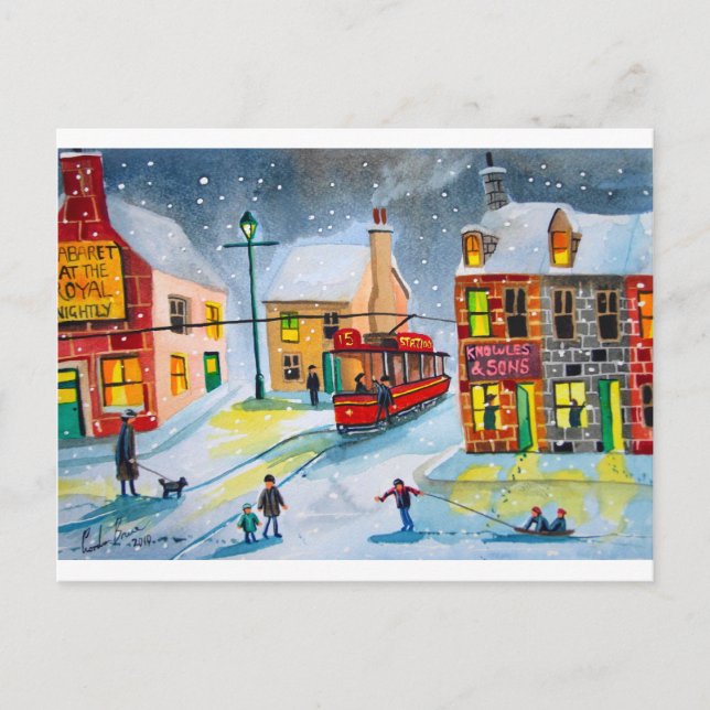 SNOW SCENE TRAM STREET SCENE Gordon Bruce Postkarte (Vorderseite)