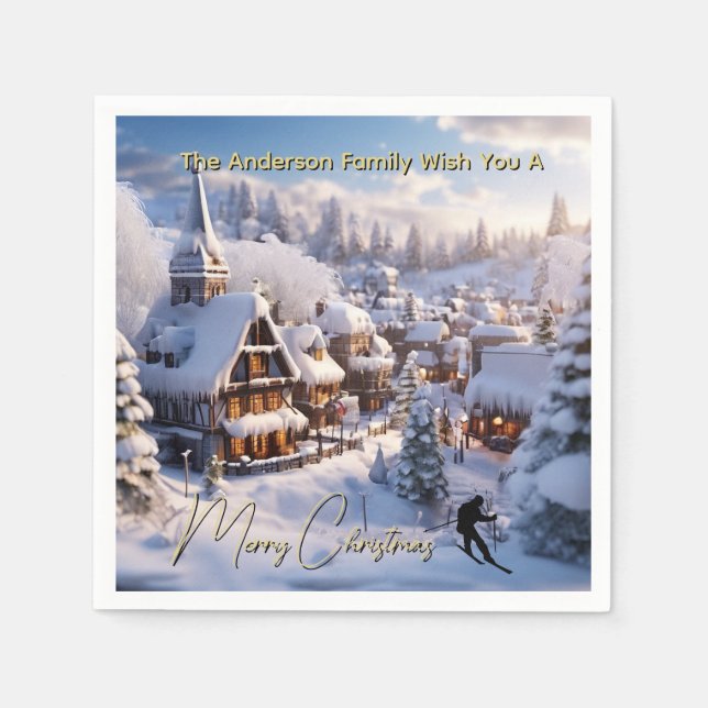 Snow ski chalets editable holiday greeting serviette (Vorderseite)