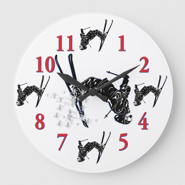 Snow Skier Clock - Zeit zum Skifahren Große Wanduhr (Vorderseite)