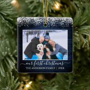 Snow Top Blue Wood Erste Weihnachtsfamilie Foto Keramikornament