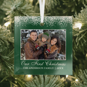 Snow Top Unser erstes Weihnachtsfamiliengrün Foto Ornament Aus Glas