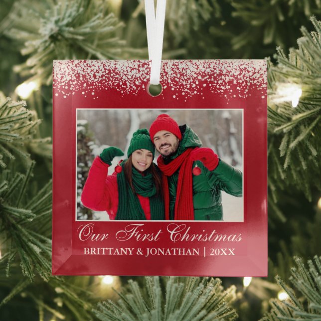 Snow Top Unser erstes Weihnachtskuchen Foto Rot Ornament Aus Glas (Insitu)