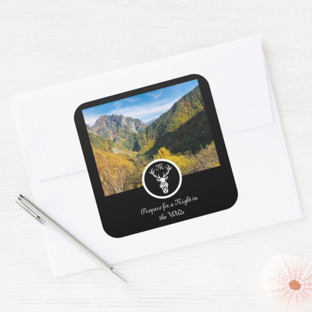 Snow White Stag Silhouette Monogram Foto Quadratischer Aufkleber (Umschlag)