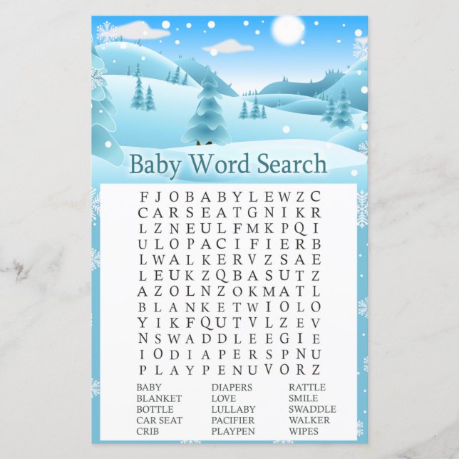 Snow Winter Forest Baby Dusche Word Search Game (Vorderseite)