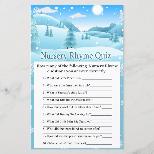 Snow Winter Forest Kinderzimmer Rhyme Quiz Babydus (Vorderseite)