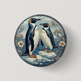 Snow Winter Glacier Blue Mr & Mrs Penguin Couple  Button