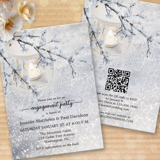 Snow Winter QR Code Engagement Party Einladung (Von Creator hochgeladen)