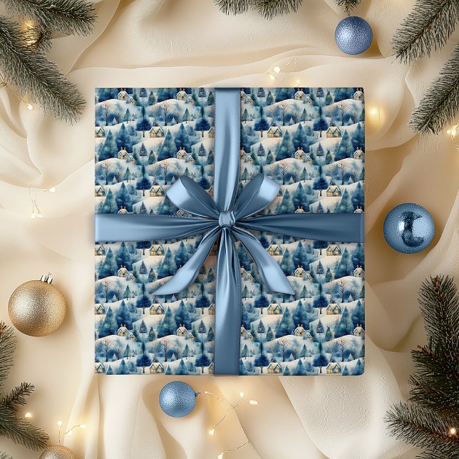 Snow Winter Wonderland Landschaft Weihnachtsfeiert Geschenkpapier (Snowy Winter Wonderland Alpine Village Landscape Christmas Holiday Blue Wrapping Paper)