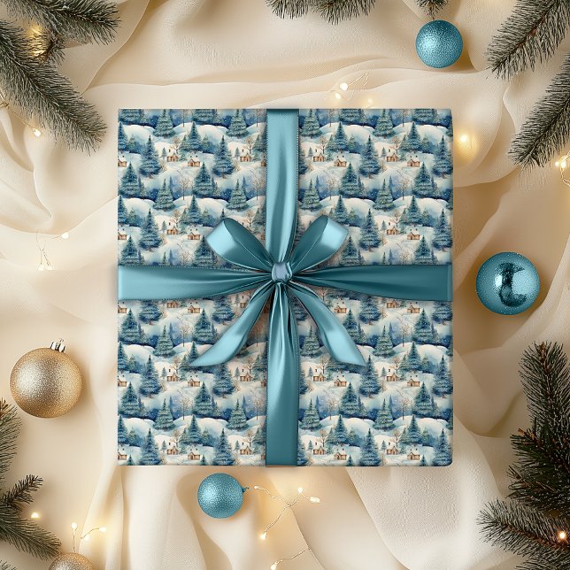 Snow Winter Wonderland Landschaft Weihnachtsfeiert Geschenkpapier (Snowy Winter Wonderland Alpine Village Landscape Christmas Holiday Blue Wrapping Paper)