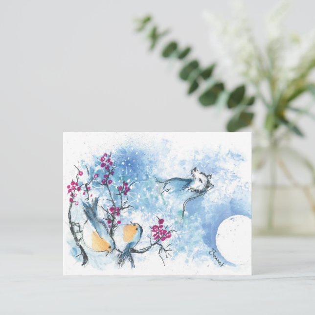 Snow Wolf und Robinen Postkarte (Stehend Vorderseite)