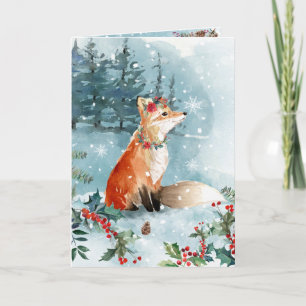 Snow Woodland Foxes Blue Modern Floral Feiertagskarte