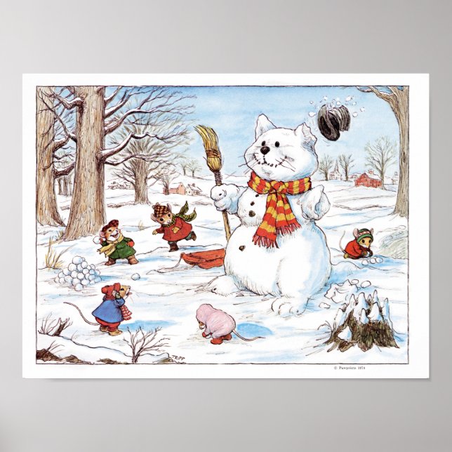 Snowball Fight Mice Illustration Print Poster (Vorne)