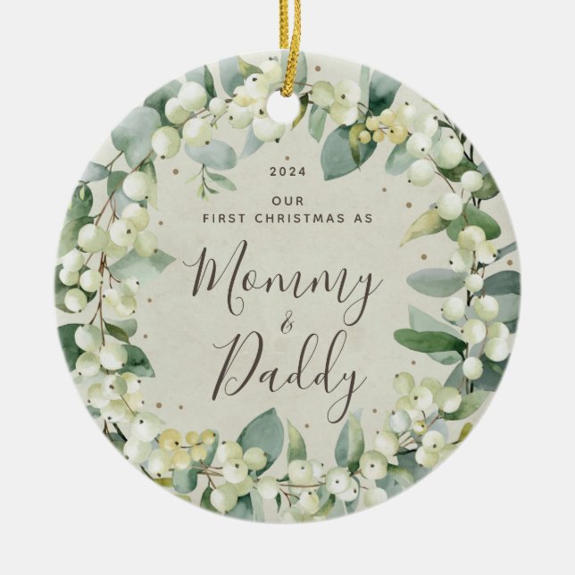 Snowberries Erste Weihnachten als Eltern Foto Keramik Ornament (Vorne)
