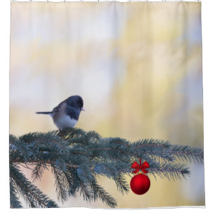 Snowbird besucht ein immergrün mit rotem Ornament Duschvorhang