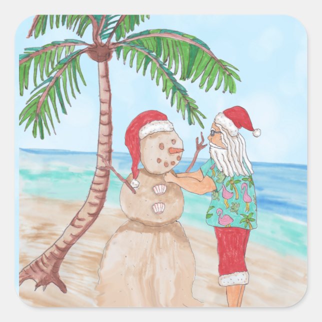 Snowbird Santa und Sandy Snowman Quadratischer Aufkleber (Vorderseite)