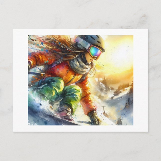 Snowboard Adventure at Sunset,  Postkarte (Vorderseite)