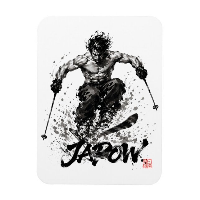 Snowboard Brush Art - Skier Samurai Musashi Ski Magnet (Vertikal)