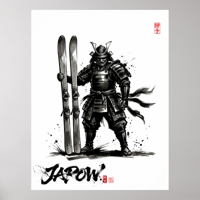 Snowboard Brush Art - Standing Samurai Ski Poster (Vorne)
