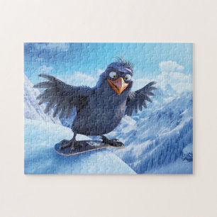 Snowboard fahrender Rabe im Winter Toon-Stil Puzzle