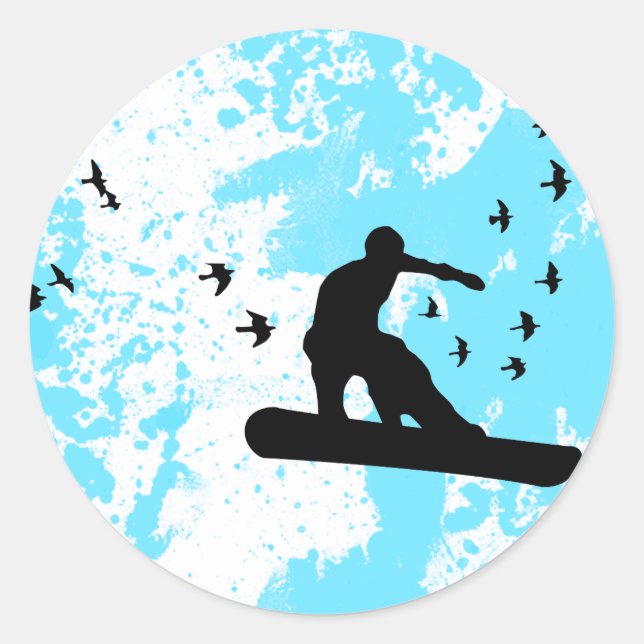 Snowboard mit Vögeln. Runder Aufkleber (Vorderseite)