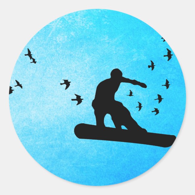 Snowboard mit Vögeln. Runder Aufkleber (Vorderseite)