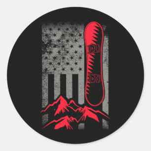 Snowboard Mountains American Flag Winter Sport Top Runder Aufkleber