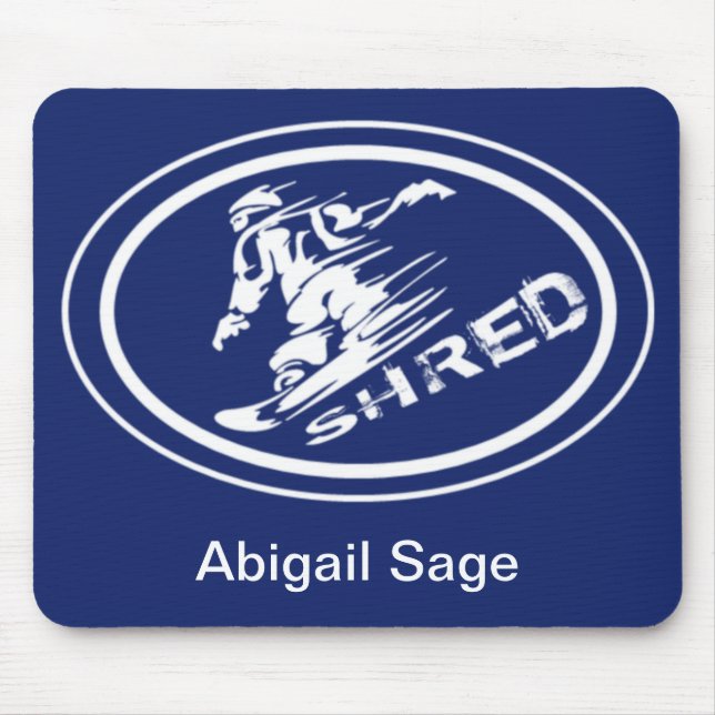 Snowboard "SHRED" Oval Silhouette Snowboarder Tag Mousepad (Vorne)