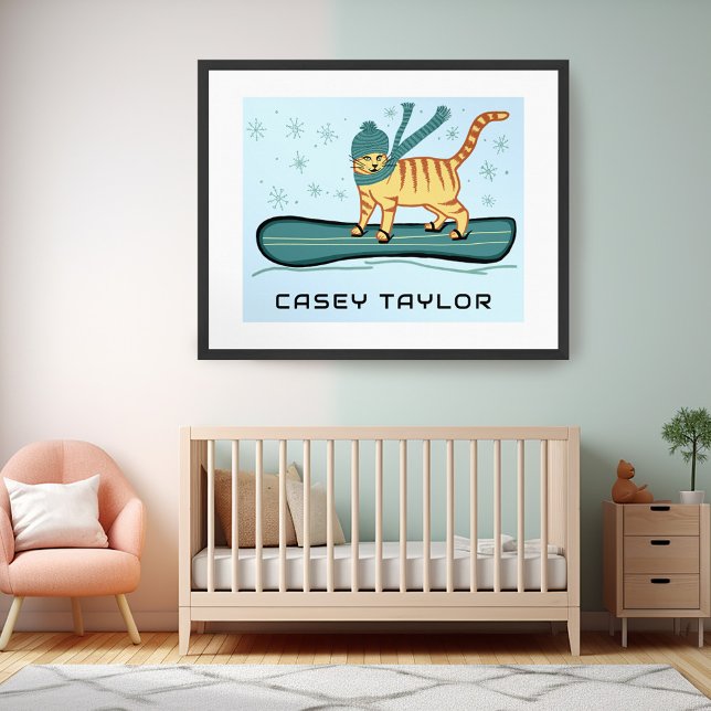 SNOWBOARD Tabby Cat Funny INDIVIDUELLE NAME Kinder Poster (SNOWBOARDING Tabby Cat Funny CUSTOM NAME Nursery Poster - personalize w your own text or baby name)