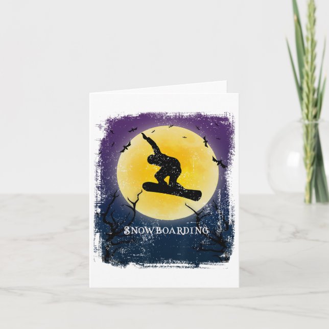 Snowboarden Vollmond Silhouette Retro Halloween Karte (Vorderseite)