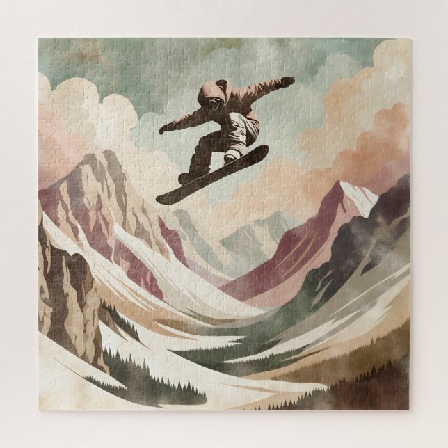 Snowboarder Genießen Sie die Snowy Mountains Puzzle (Vertikal)