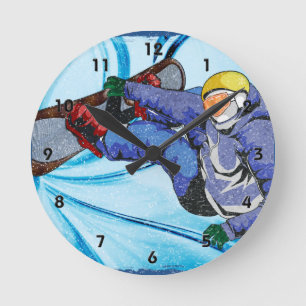 Snowboarder in Edgy Snowstorm Runde Wanduhr
