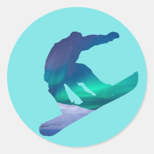 Snowboarder-Nordlicht-Silhouette-Aufkleber Runder Aufkleber