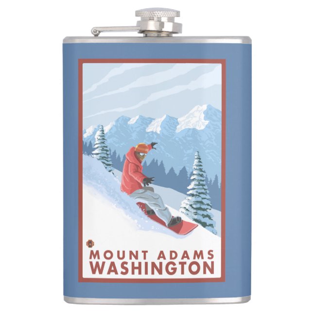 Snowboarder-Szene - Berg Adams, Washington Flachmann (Vorderseite)