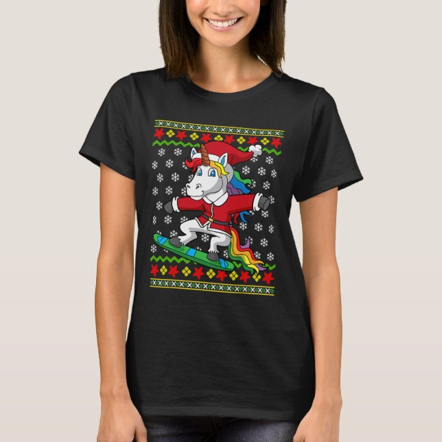 Snowboarder Unicorn Santa Snowboarden Weihnachten T-Shirt (Vorderseite)