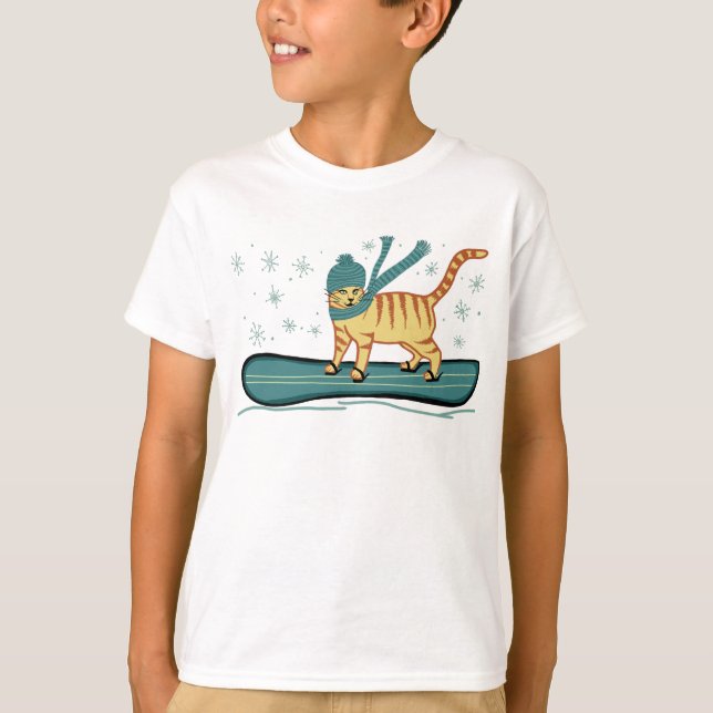 Snowboarding Tabby Cat Niedlich T-Shirt (Vorderseite)