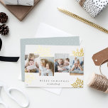 Snowdrop 4 Foto Collage Frohe Weihnachten Folien Feiertagskarte<br><div class="desc">Das einzigartige,  moderne Design der Feriencard besticht durch vier beliebte Fotos,  die nebeneinander mit übergroßen Schneeflocken aus Goldfolie im Hintergrund angeordnet sind. Personalisieren Sie Ihren individuellen Urlaubsgruß und Familiennamen unten in klassischer Schrift; gezeigt mit "Frohe Weihnachten".</div>