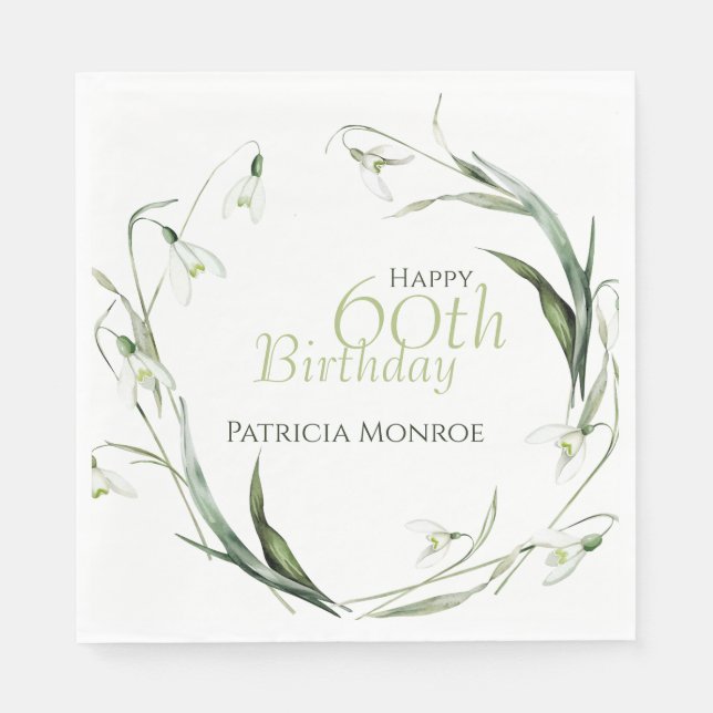 Snowdrop 60th Birthday Watercolor Botanical Green  Serviette (Vorderseite)