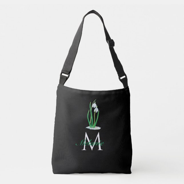 Snowdrop Blume Spring Custom Monogram Black Tragetaschen Mit Langen Trägern (Vorderseite)