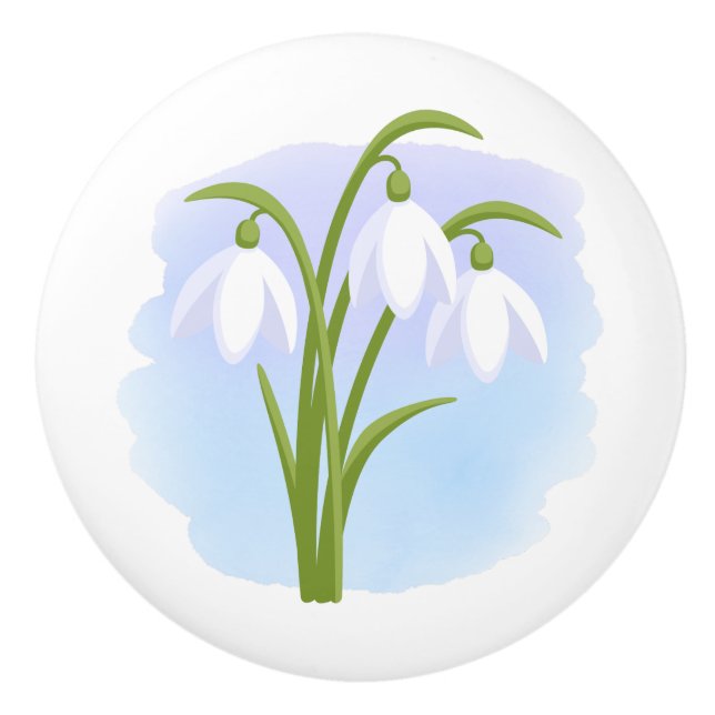 Snowdrops - Frühlingsblumen auf Wasserfarbe Blau Keramikknauf (Vorderseite)