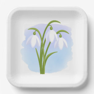 Snowdrops - Frühlingsblumen auf Wasserfarbe Blau Pappteller