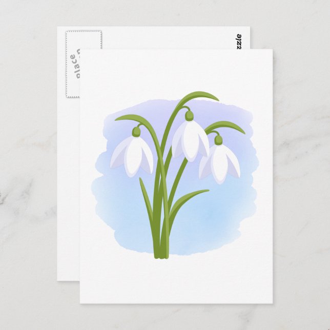 Snowdrops - Frühlingsblumen auf Wasserfarbe Blau Postkarte (Vorne/Hinten)