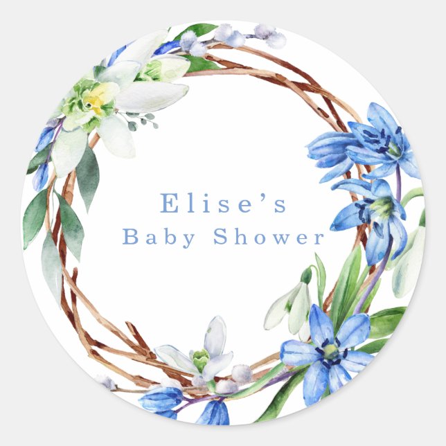 Snowdrops und Scilla Spring Floral Boy Baby Shower Runder Aufkleber (Vorderseite)
