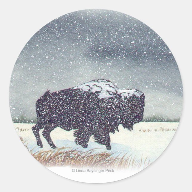 Snowdusted Bison-Aquarell-Malerei Runder Aufkleber (Vorderseite)