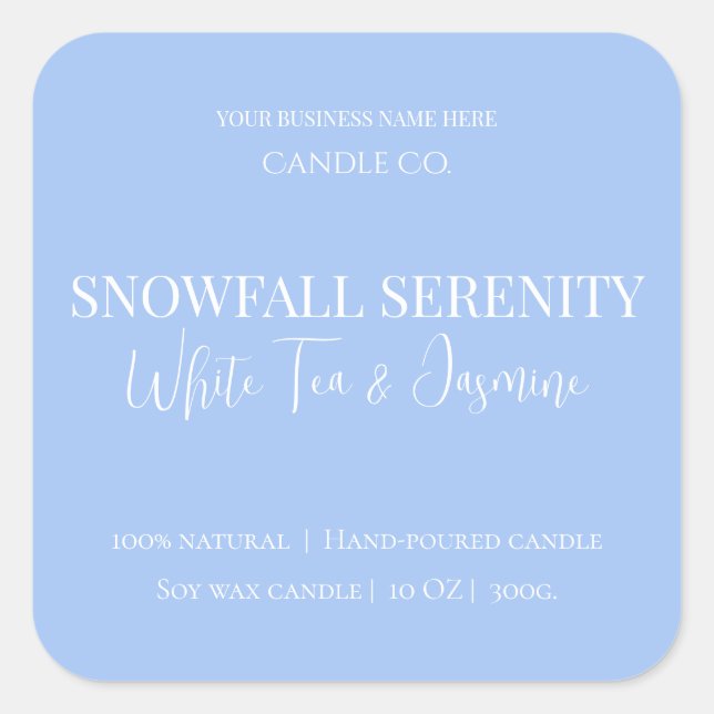 Snowfall Serenity White Tea & Jasmine Candle Label Quadratischer Aufkleber (Vorderseite)