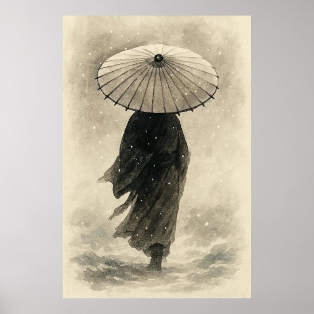 Snowfall Silence: Umbrella in the Winter Mist Poster (Vorne)