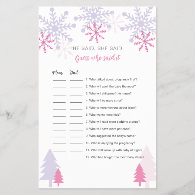 Snowflake Baby Dusche Rate, wer sagte es Spiel Flyer (Vorne)