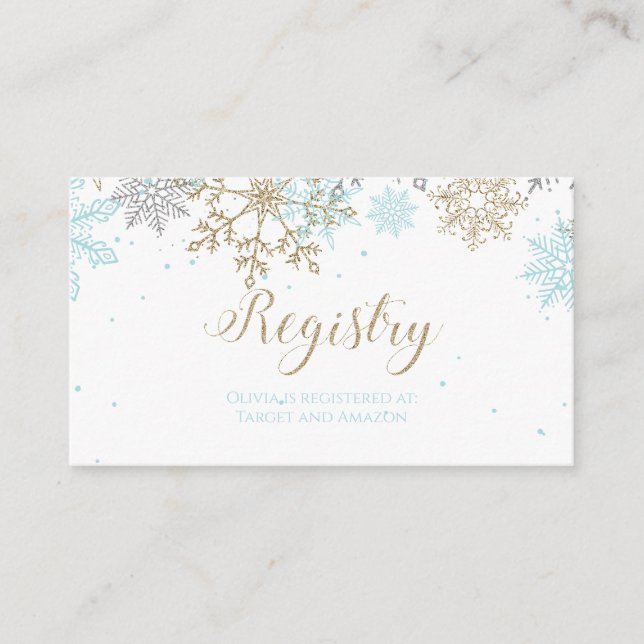 Snowflake Baby Registry Blue Gold Begleitkarte (Vorderseite)